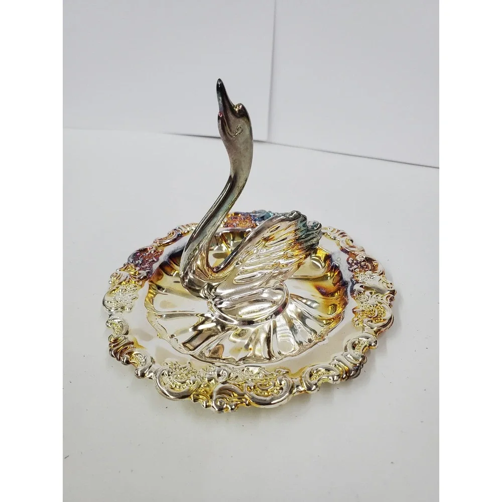 Vintage Silver Tone Swan Ring Holder Iridescent Jewelry Dish Trinket Tray Boxed